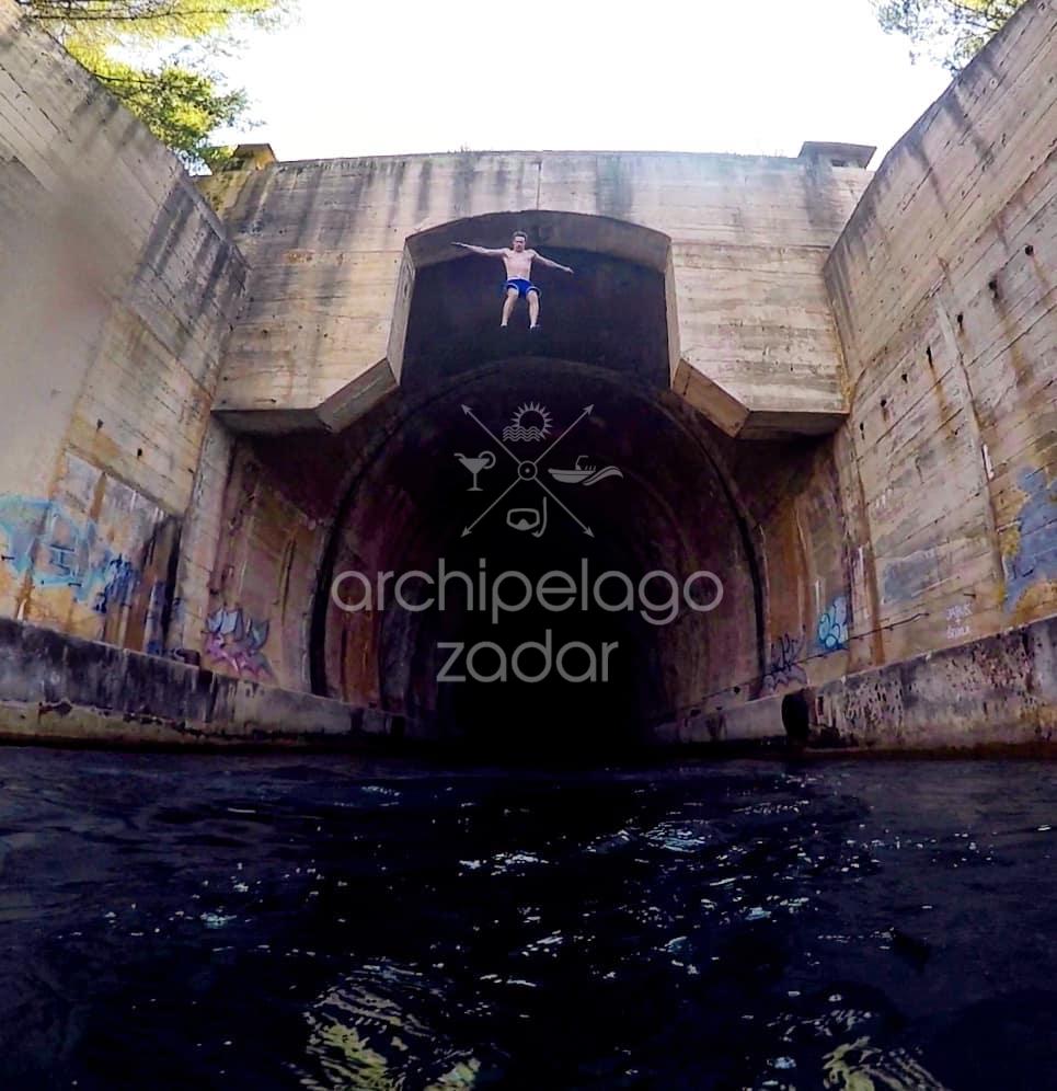 Military tunnel in Zadar archipelago jumping